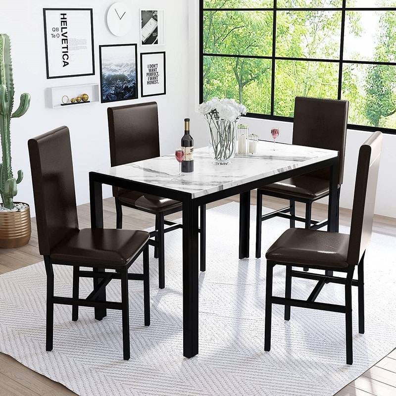 Modern Faux Marble 5 Pieces Kitchen Dining Set with 4 Cushion PU Leather Chairs