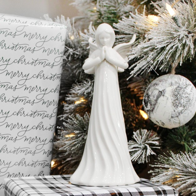 Auldhome Design White Ceramic Praying Angel Figurine Standing Guardian Angel Statue 9in