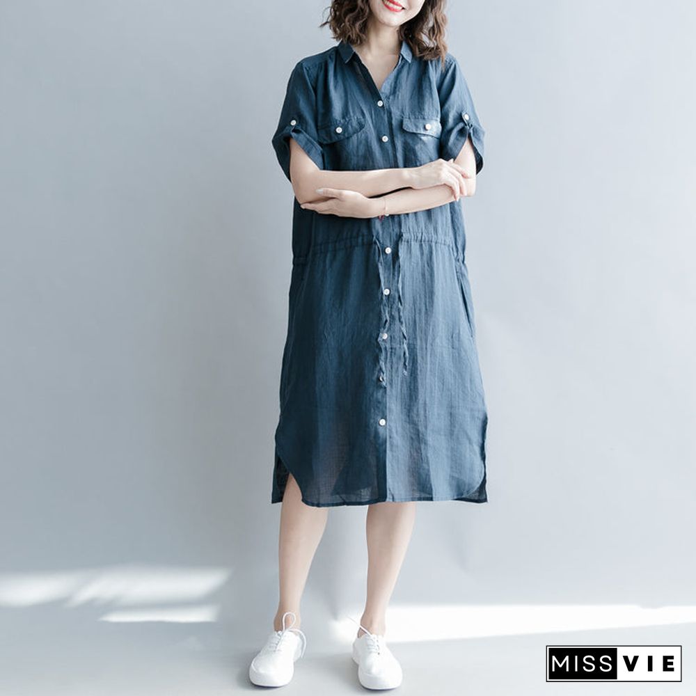 boutique navy linen dresses oversize linen clothing dresses short sleeve pockets Turn-down Collar midi dress