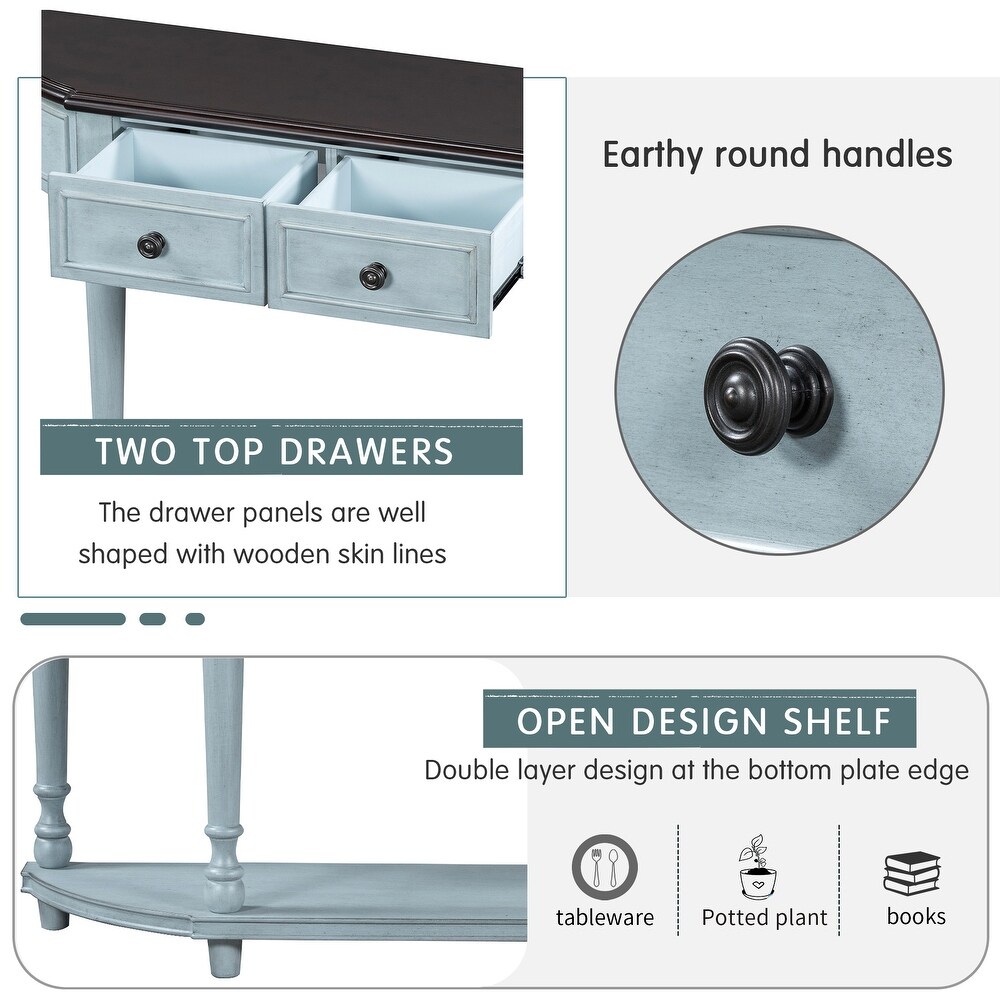 Retro Curved Console Table with Open Style Shelf and 2 Top Drawers  Half Moon Entry Table with Solid Wooden Frame and Legs