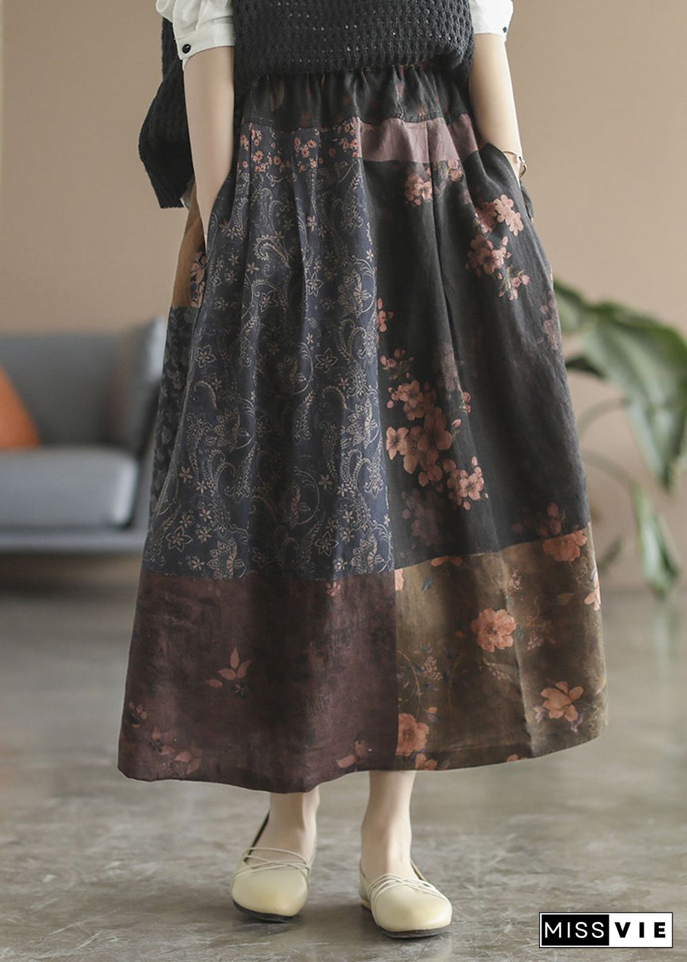 Chocolate Patchwork Linen Skirt elastic waist Spring