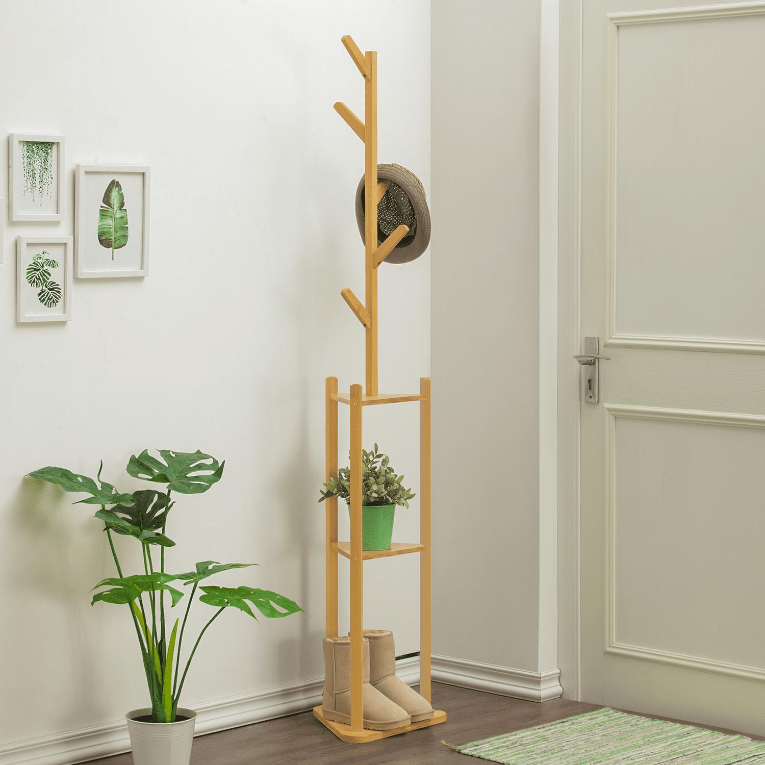 MoNiBloom Bamboo 3 Tiers Coat Rack， Clothes Storage Stand， Hooks Hall Tree， Natural， for Entryway