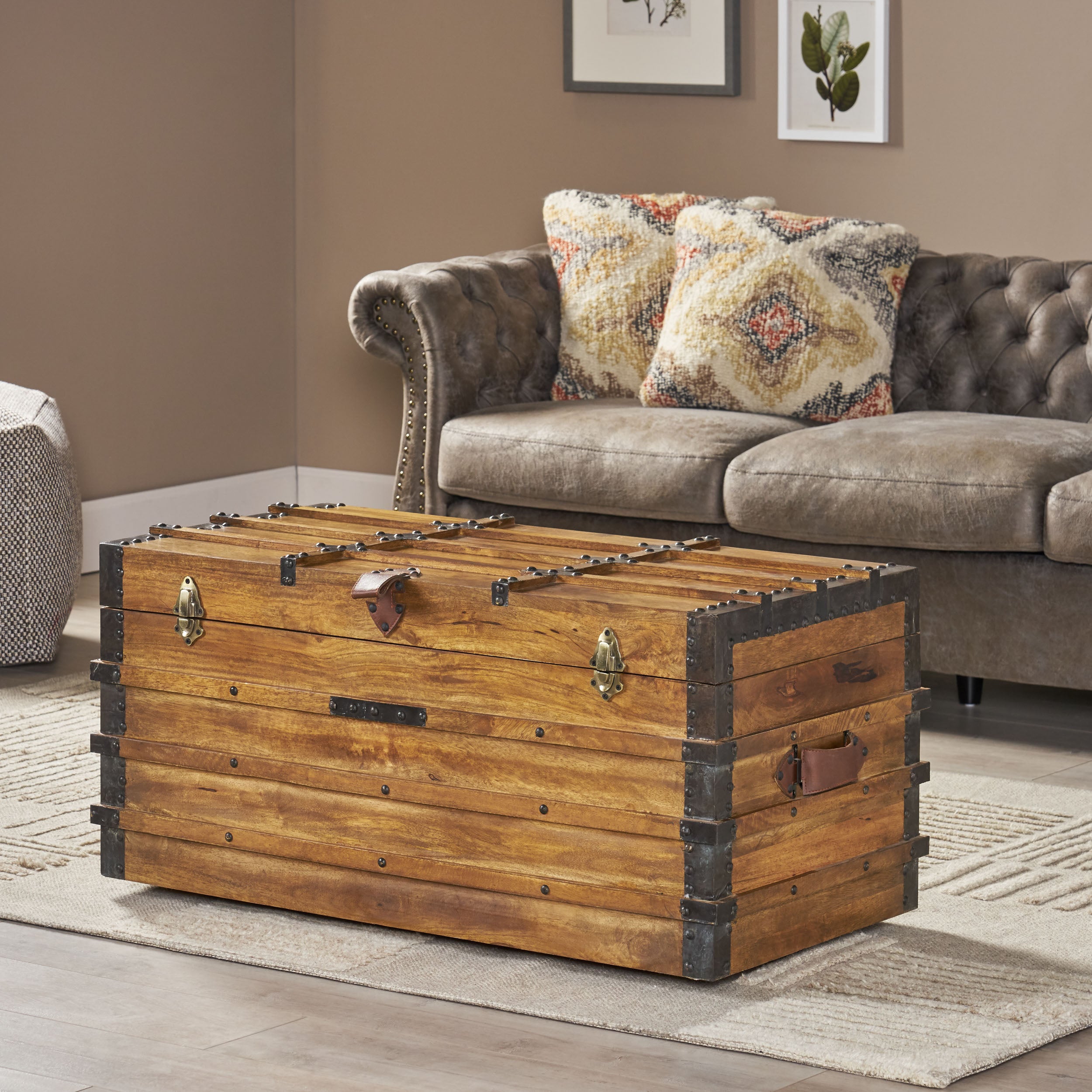 Stanton Handcrafted Boho Wood Storage Trunk with Latches