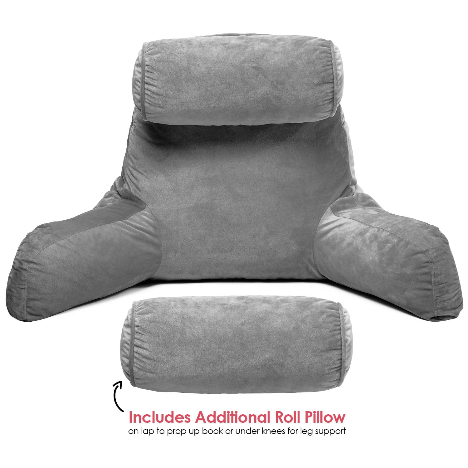 Clara Clark Bed Rest Reading Pillow with Arms and Pockets - Premium Shredded Memory Foam TV Pillow， Detachable Neck Roll and Lumbar Support Pillow， Large， Gray