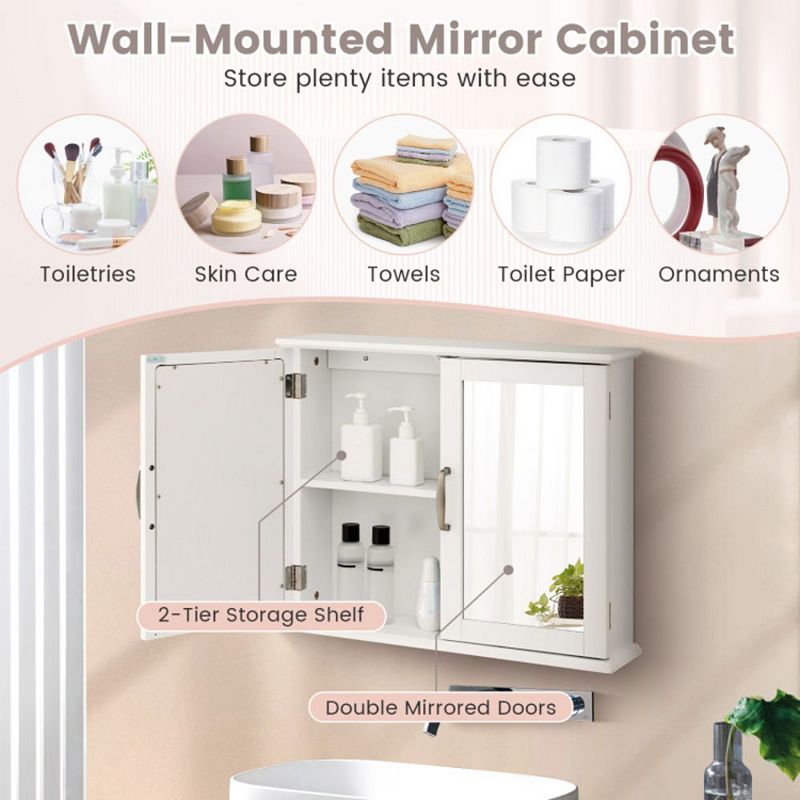 Hivago 2-Tier Bathroom Wall-Mounted Mirror Storage Cabinet with Handles-White