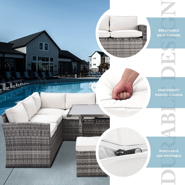 Patio Furniture Set，7 Pieces Sectional Conversation Sofa with Ottomans，All Weather，With Backrest and Removable Cushions