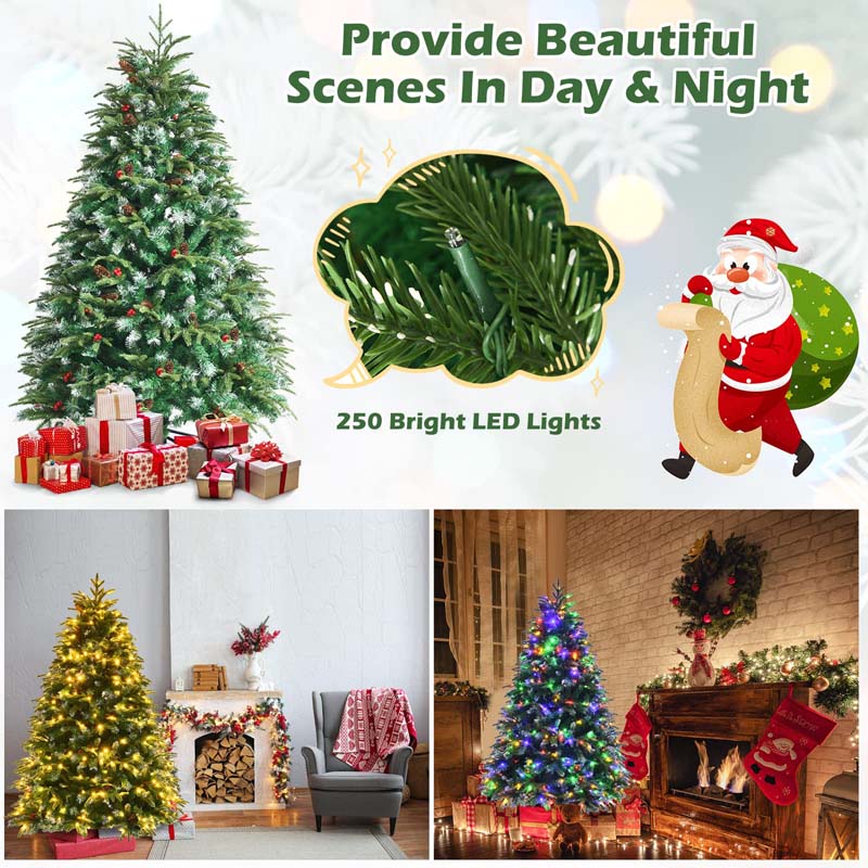 5/6/7/9FT Snowy Leaves Pre-Lit Hinged Artificial Christmas Tree with 11 Flash Modes & Multi-Color Lights