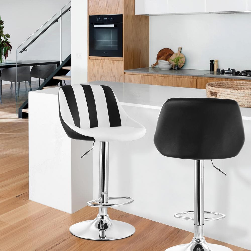 Elama 2-Piece Adjustable 40.5 in. ch Faux Leather Bar Stool in Striped Black and White with Chrome Base 985116708M