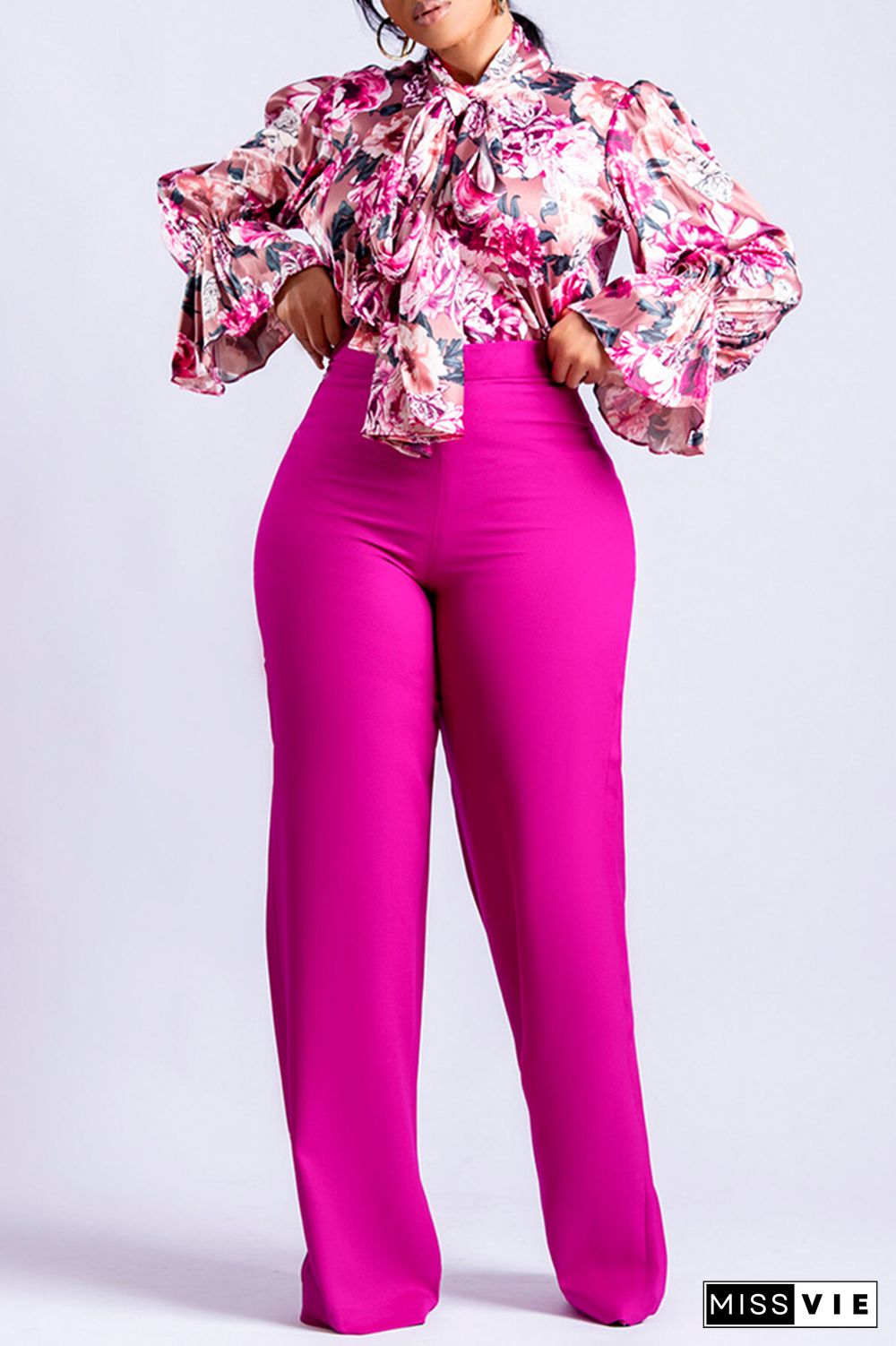 Floral Print Tie Neck Blouse & Pants Set