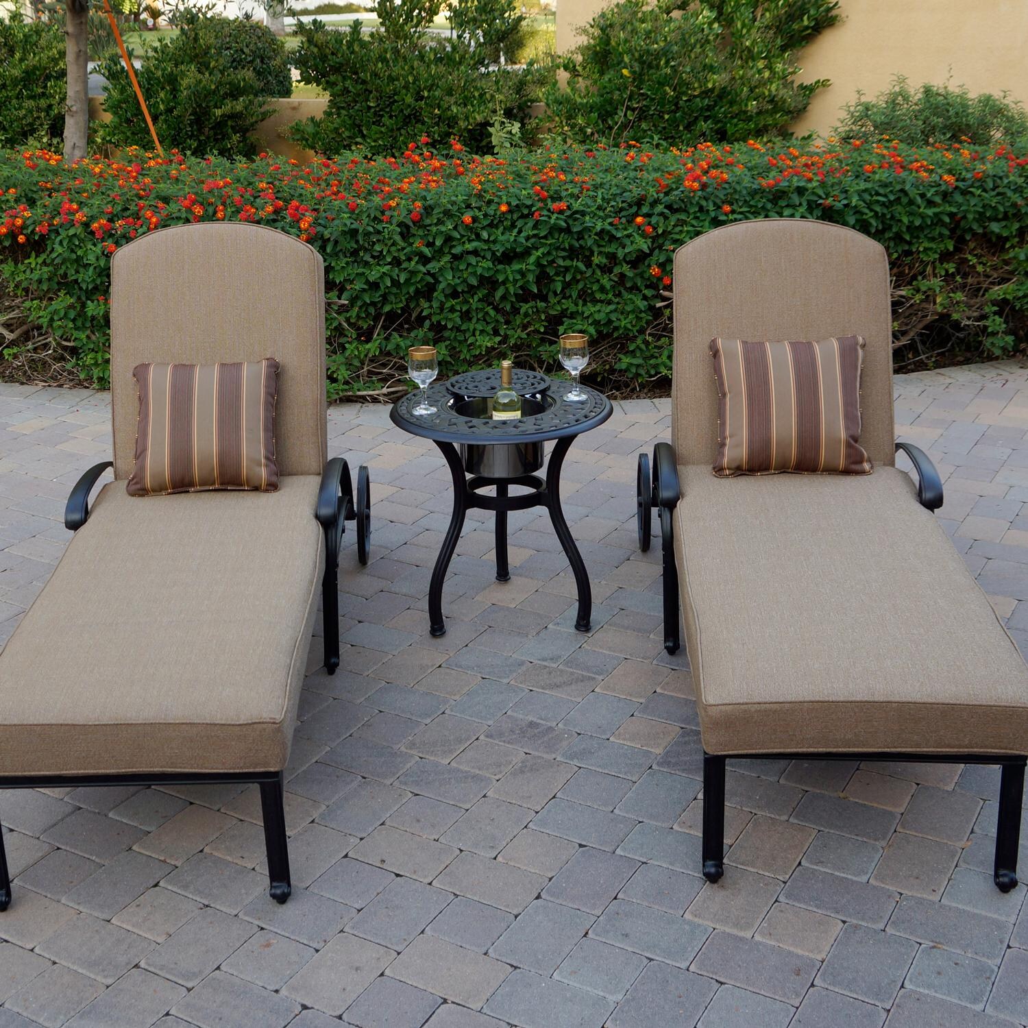 Darlee Elisabeth 3 Piece Cast Aluminum Patio Chaise Lounge Set W/ 24 Inch Round Ice Bucket End Table and Sesame Cushions