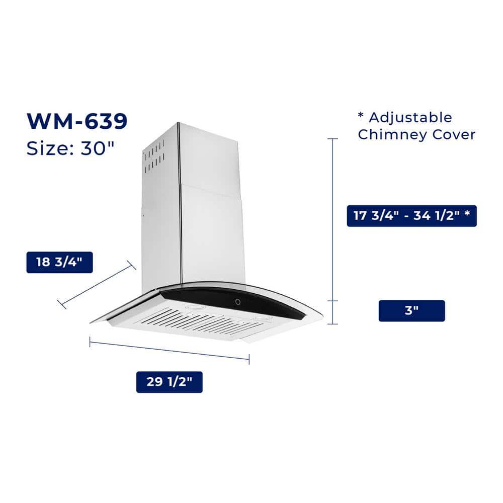 HAUSLANE 30 in Convertible Wall Mount Range Hood with Tempered Glass Baffle Filters in Stainless Steel