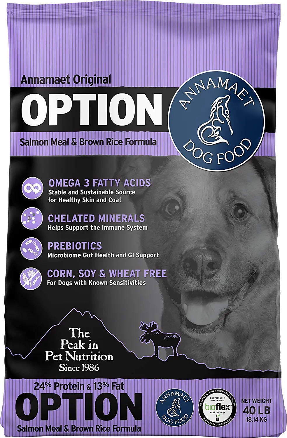 Annamaet Original Option Formula Dry Dog Food 24% Protein (Salmon and Brown Rice) 40-lb Bag