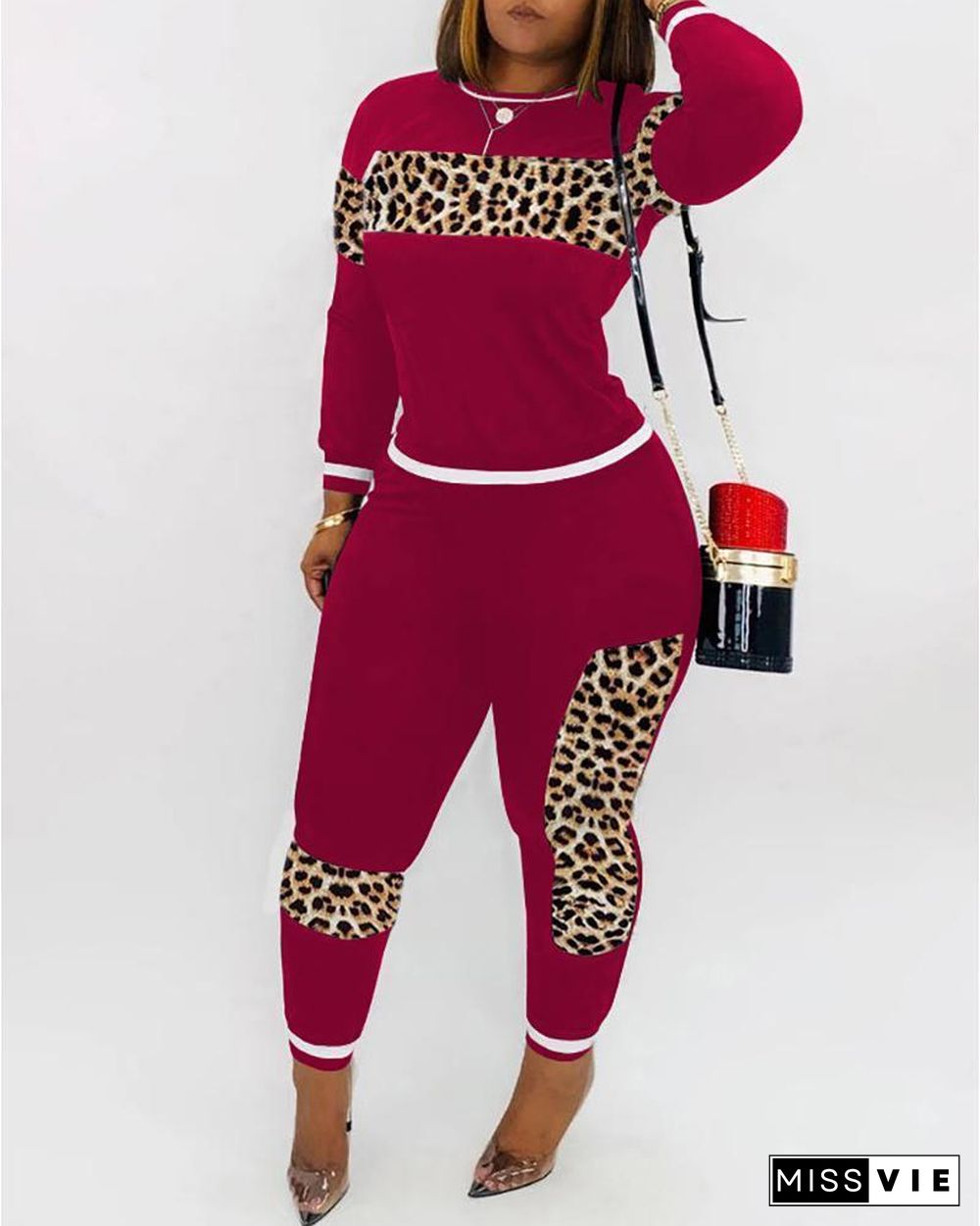 Solid Patchwork Leopard Long Sleeve Top & Pant Sets P15246