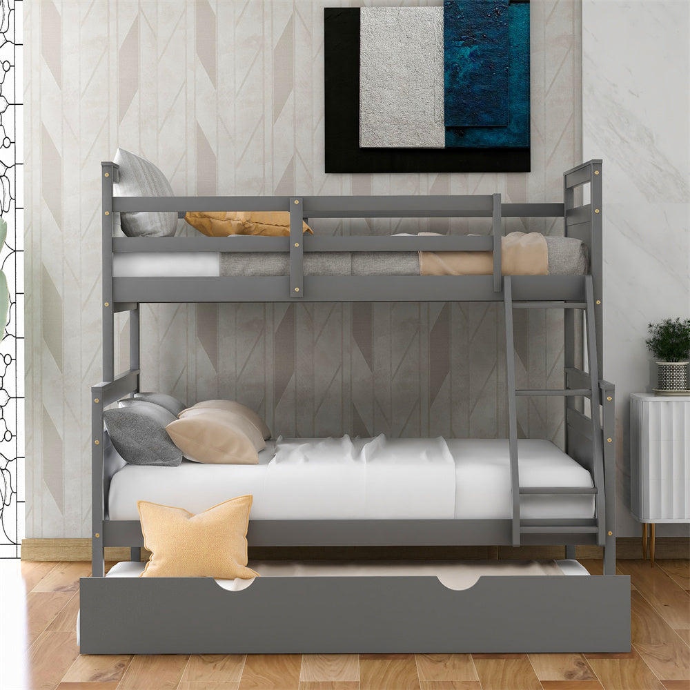 Twin Over Full Bunk Bed with Trundle, Pine Wood Bed Frame and Ladder with Guard Rails for Toddlers, Kids, Teens, Boys and Girls, Grey