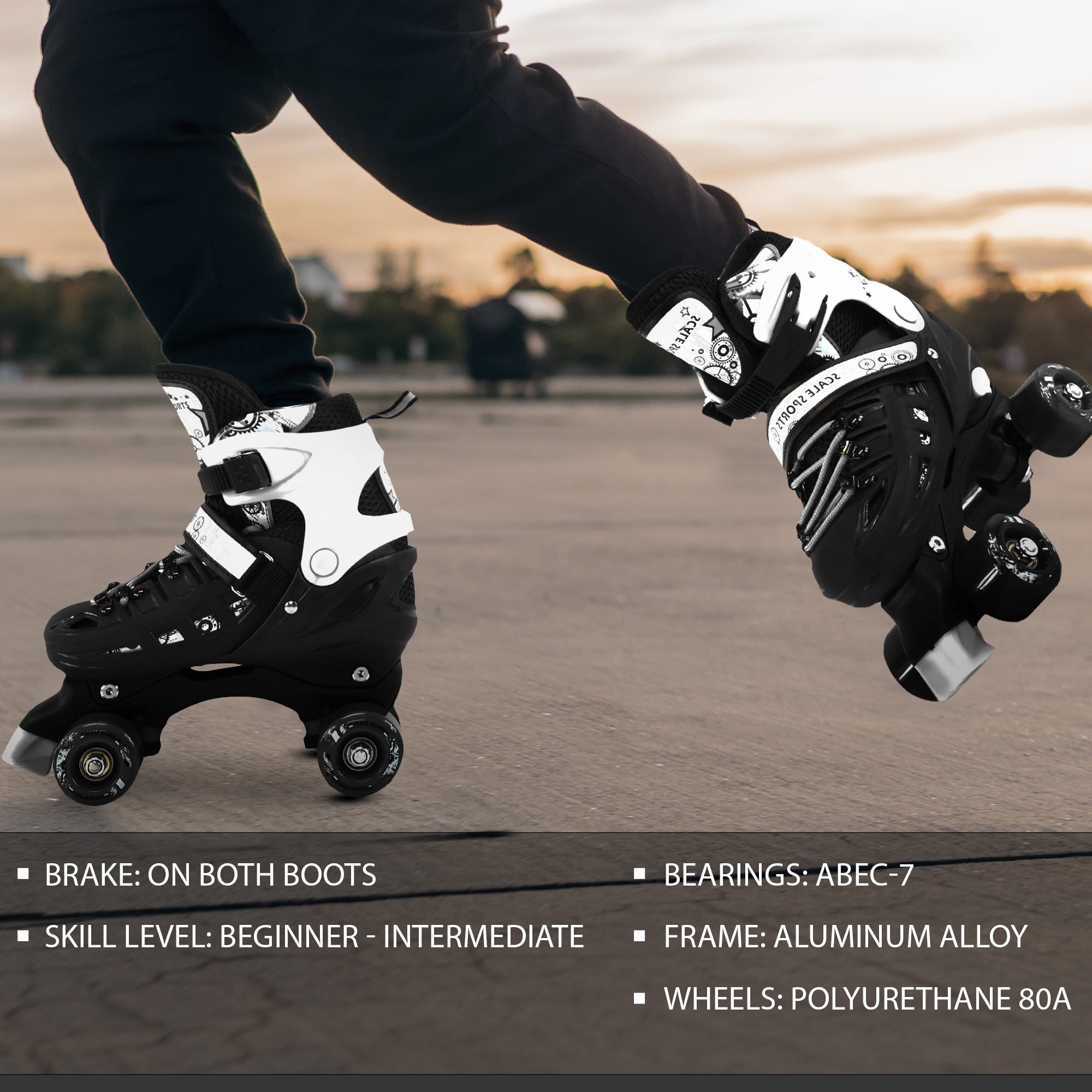 Adjustable Black Quad Roller Skates For Kids Large Sizes