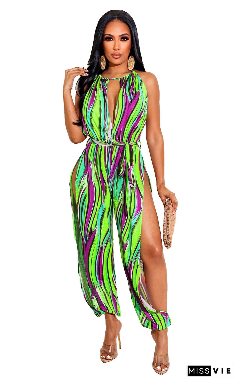 Tie Dye Print Sleeveless Lace Up Loose Jumpsuit