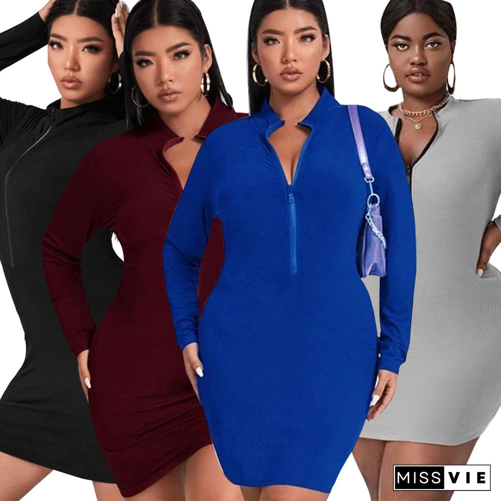 Solid Long Sleeve Zip Up O Neck Casual Dress