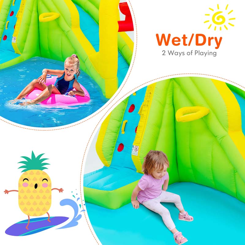 7-in-1 Kids Long Slide Water Park Inflatable Bounce House with Climbing Wall, Splash Pool, Basketball Rim, Water Cannons