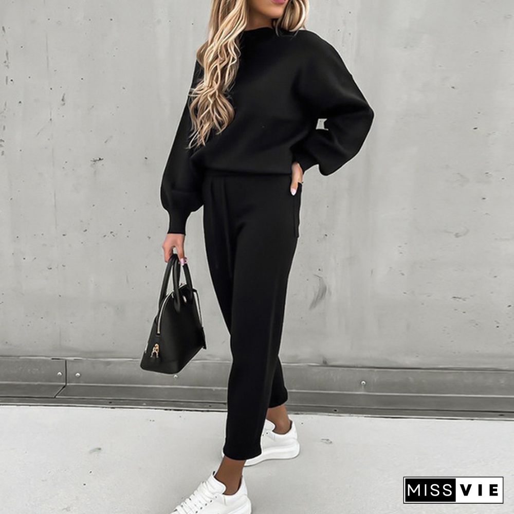 Women's Solid Color Turtleneck Sweatshirt With Drawstring Pants Casual Long Sleeve Pullover Sports Set Two Piece Outfit Plus Size Xxs-5Xl