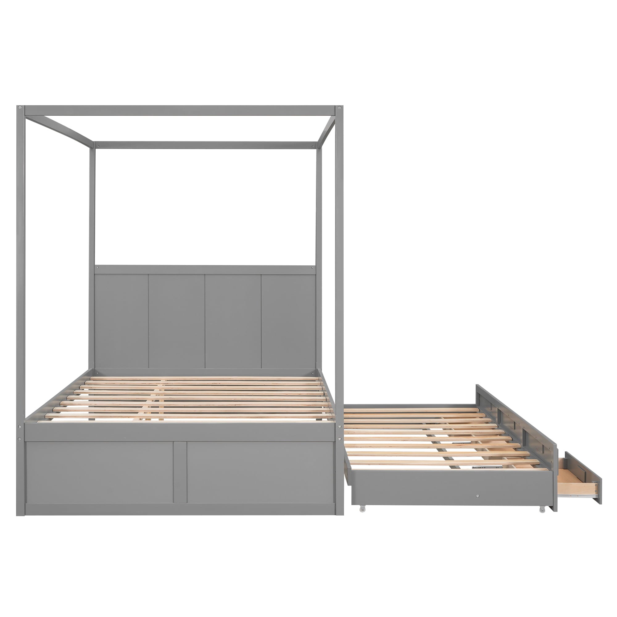 EUROCO Queen Size Canopy Platform Bed with Trundle and Drawers, Gray