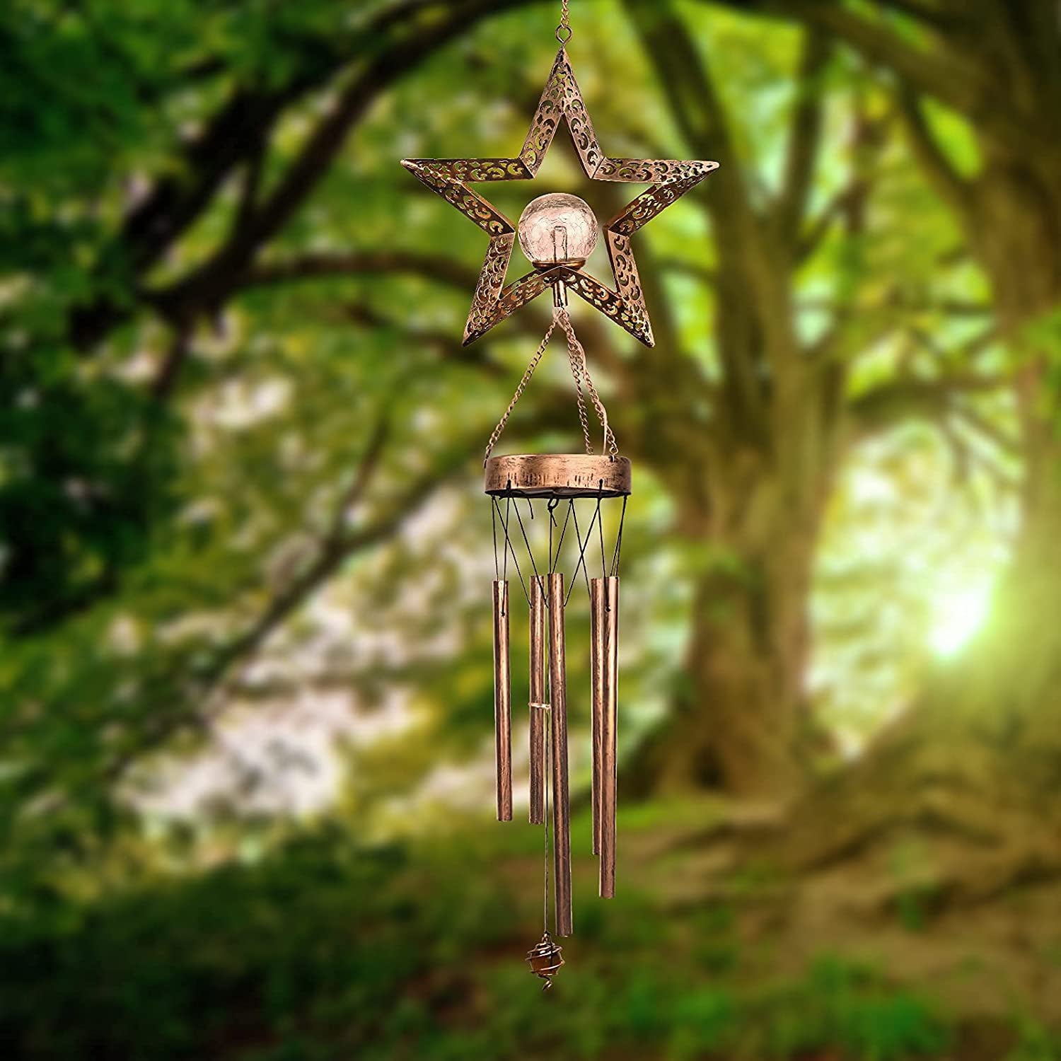 Solar Wind Chimes for Outdoor/Indoor Crackle Glass Ball LED Star Wind Chime， Waterproof Metal Bronze Unique Memorial Sympathy Gift， Hanging Decorative for Garden Home Yard Patio Lawn