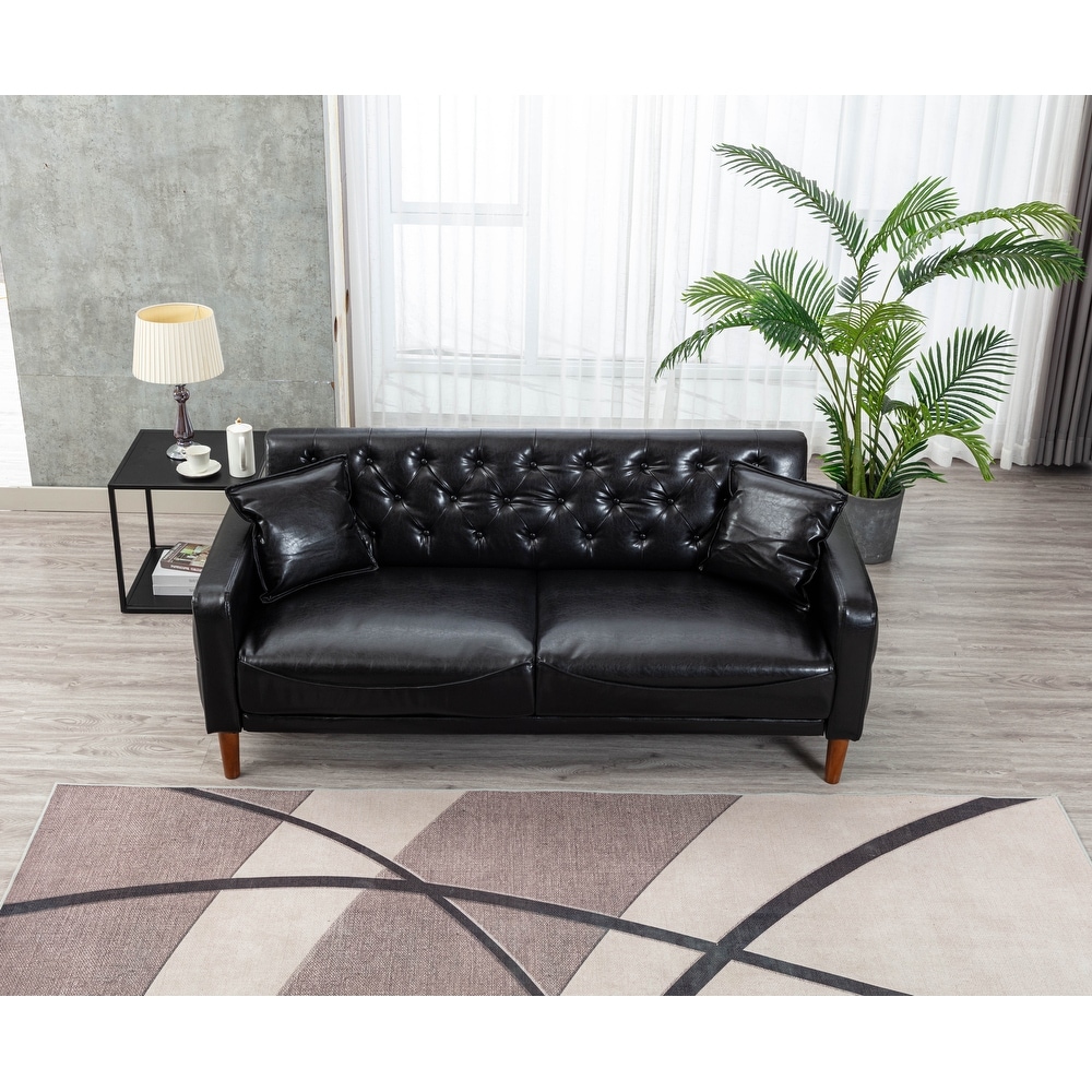 3 Seater PU Leather Sofa  Modern Sleeper Couch with Tufted Button  2 Pillows and 4 Tapered Legs  for Living Room  Apartment