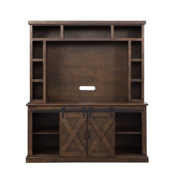 Wood Entertainment Center， 9 Open Compartments， Barn Sliding Doors， Brown