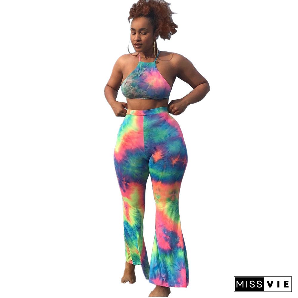 Tie Dye Sexy Halter Backless Crop Top Long Pants 2 Piece Set