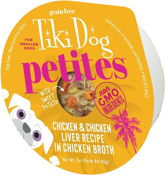 Tiki Dog Aloha Petites Chicken and Chicken Liver Recipe in Chicken Broth Wet Dog Food， 3-oz cup， case of 4