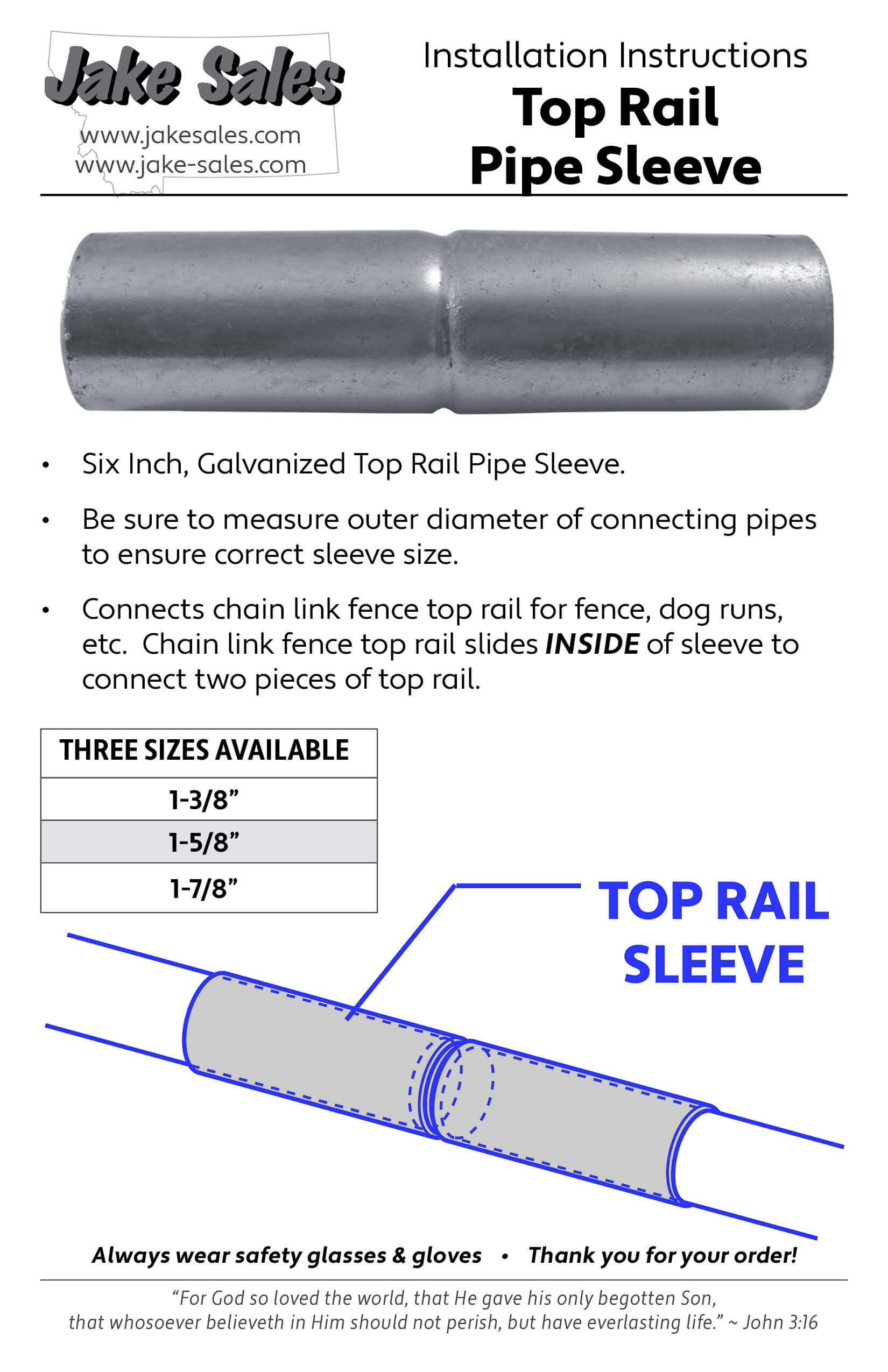 Jake Sales Brand - 1-5/8" X 6" Chain Link Fence Top Rail Sleeve  - Galvanized - Each