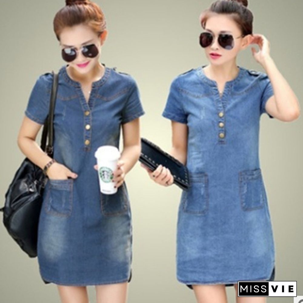 Plus Size Denim Dress Women Short Sleeve Dress Spring Vintage Vestidos Robe Casual Slim V-neck Office Shirt Jeans Dress