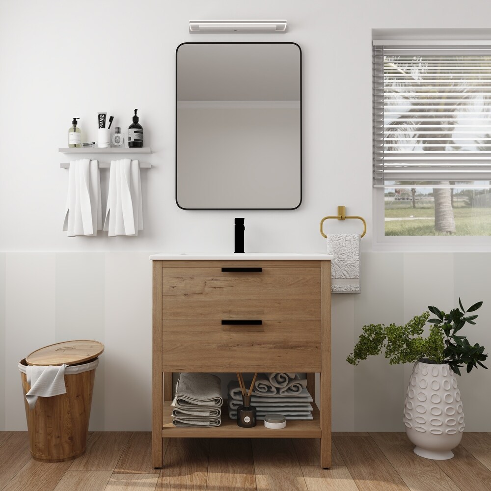 30 Inch Freestanding Bathroom Vanity with Soft Closing Drawers and Ceramic Sink  2/3 Extension Self Closing Drawers