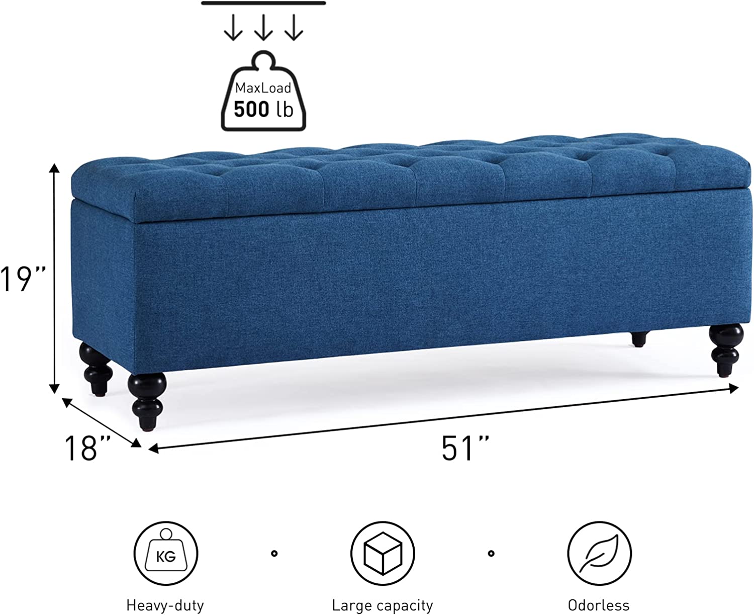 HUIMO Ottoman with Storage, 51-inch Large Storage Bench with Button-Tufted, Bedroom Bench Safety Hinge Ottoman in Upholstered Fabrics for Living Room (Blue)