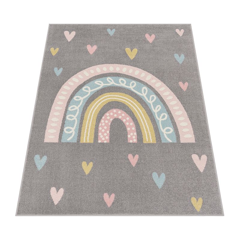 Kids Rug with Rainbow and Hearts for Nursery in Pastel Colors