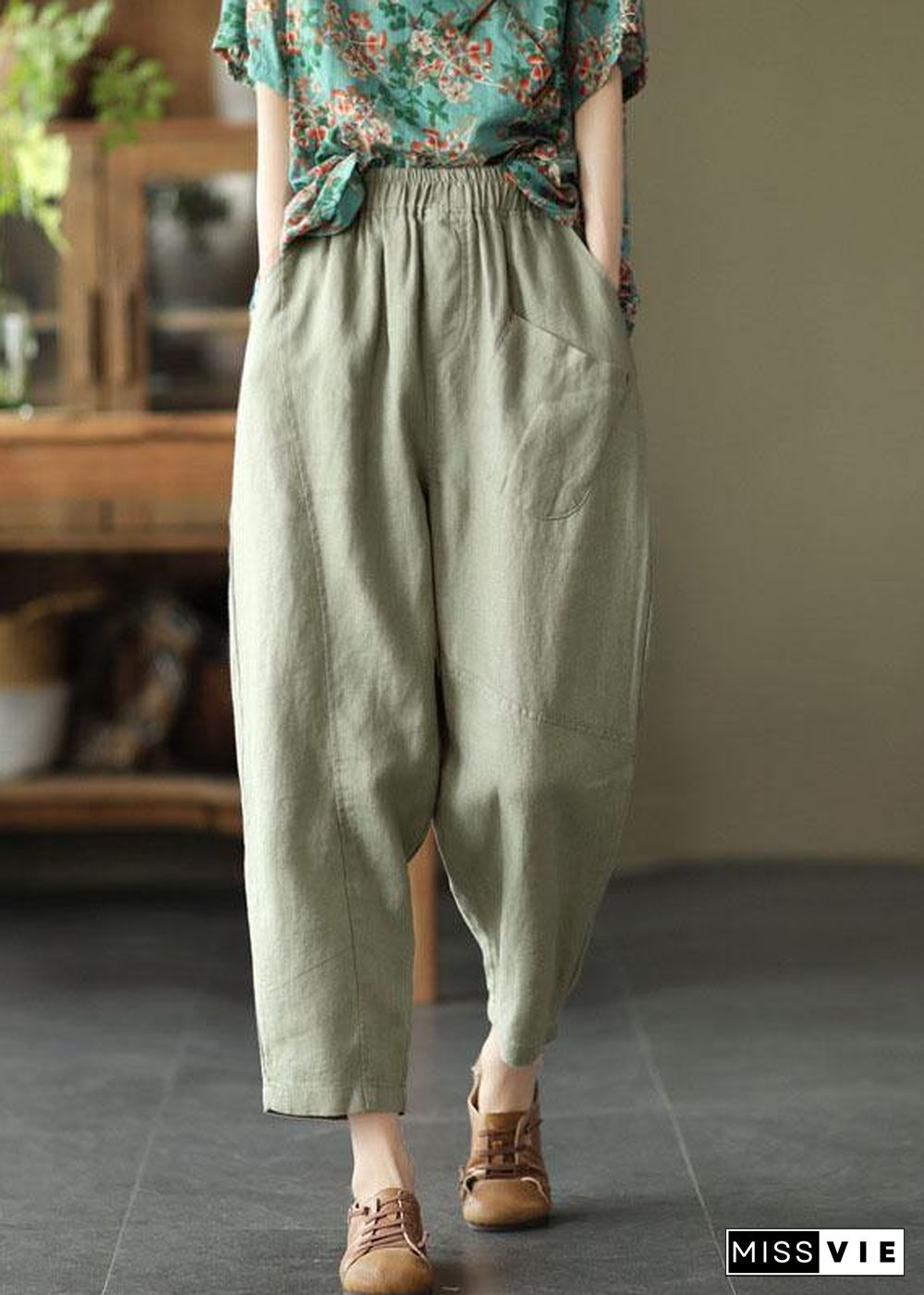 French Pink Casual Loose Patchwork Summer Linen Pants