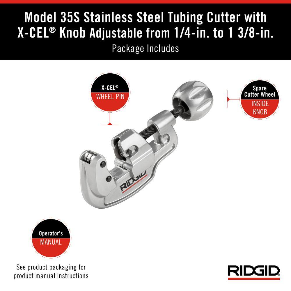 RIDGID 14 in. to 1-38 in. Model 35S Stainless Steel Tubing Cutter with Quick Cutting X-CEL Knob Contoured Frame Tubing Tool 29963