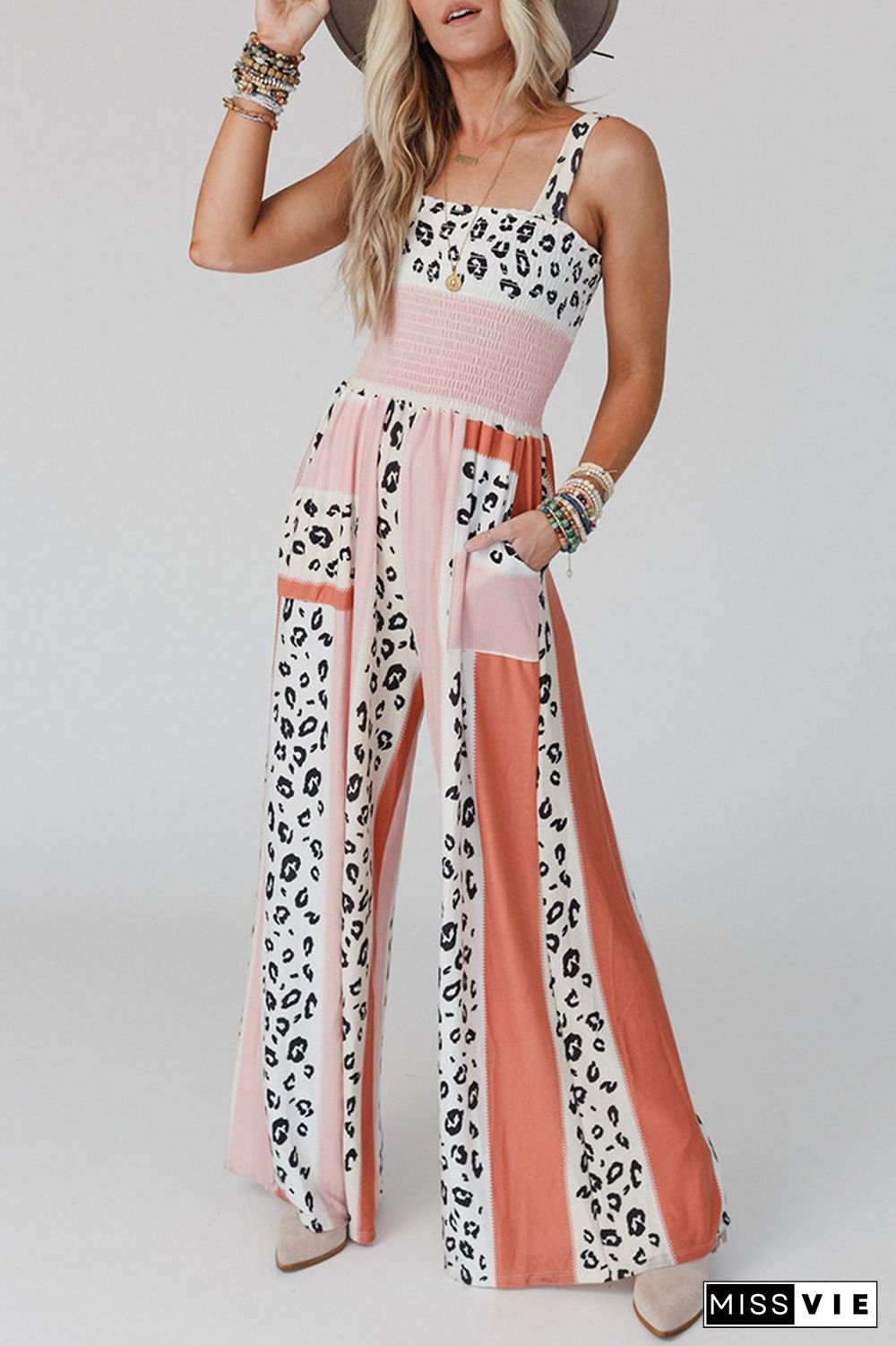 Color Block Leopard Smocked Cami Wide Leg Jumpsuit