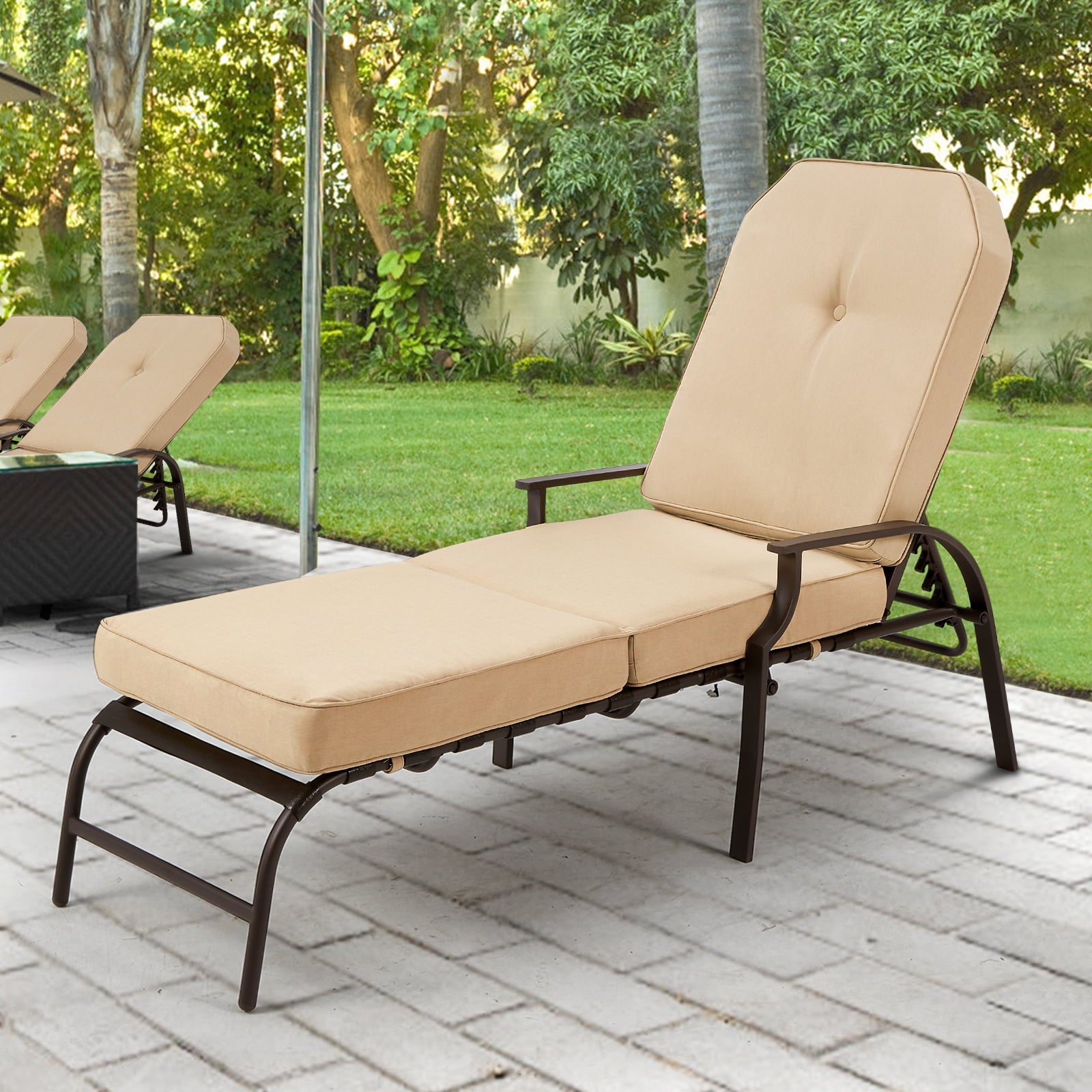 YODOLLA Adjustable Patio Lounge Chair with Thick Cushion Outdoor Chaise Lounge Recliner, Beige