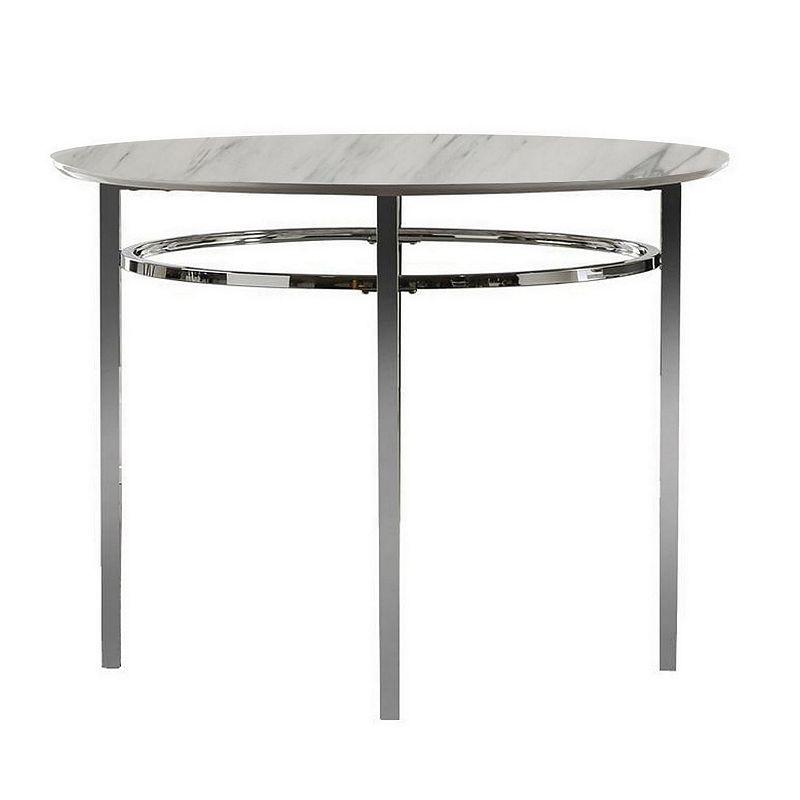 Contemporary Round Dining Table with Faux Marble Top， White and Chrome