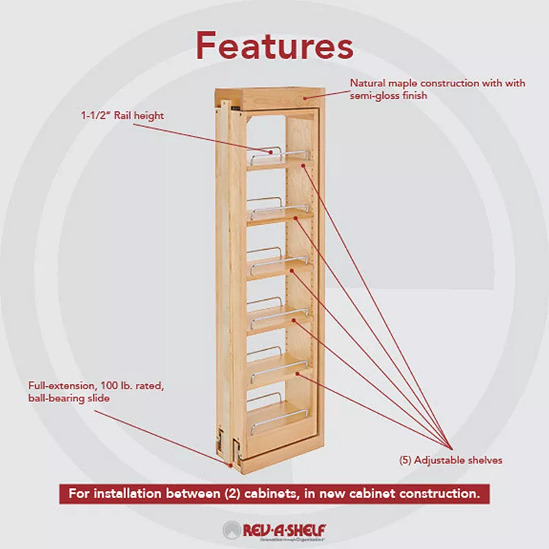 Rev-A-Shelf Pull Out Wall Filler Cabinet Wooden Organizer， 42 Hgt， 432-WF42-6C