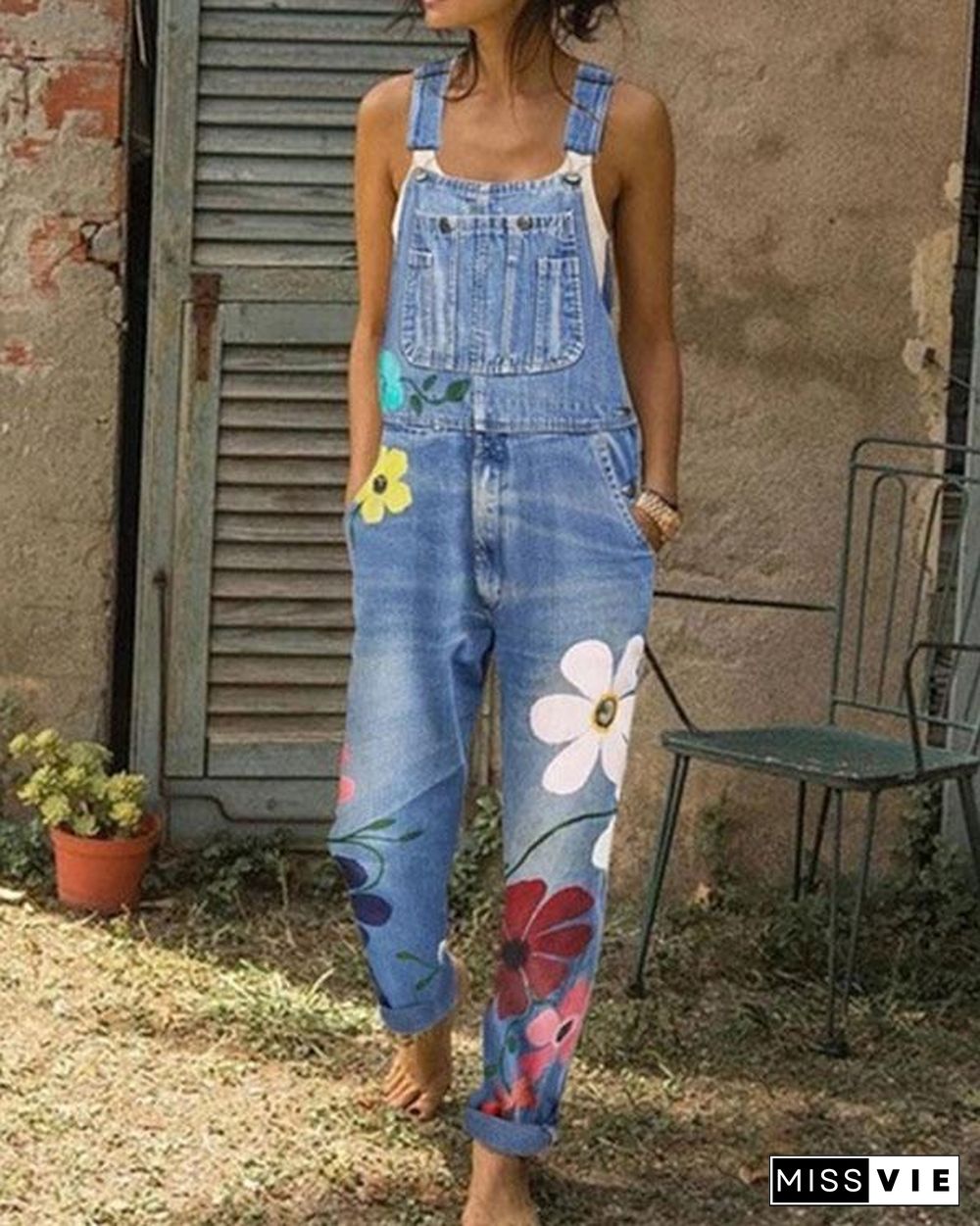 Sleeveless Denim Floral Floral-Print One-Pieces Jumpsuits