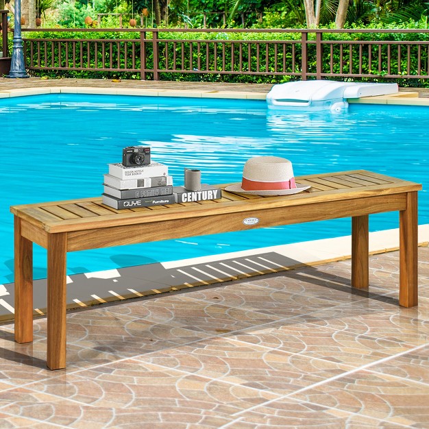 Tangkula Acacia Wood Outdoor Backless Bench Rustic Patio Dining Bench With Slatted Seat