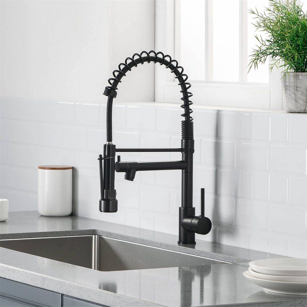 FLG Single-Handle Commercial Kitchen Sink Faucet with Pull Down Sprayer Kitchen Faucets 1-Hole Brass Laundry Tap Matte Black CC-0027-MB