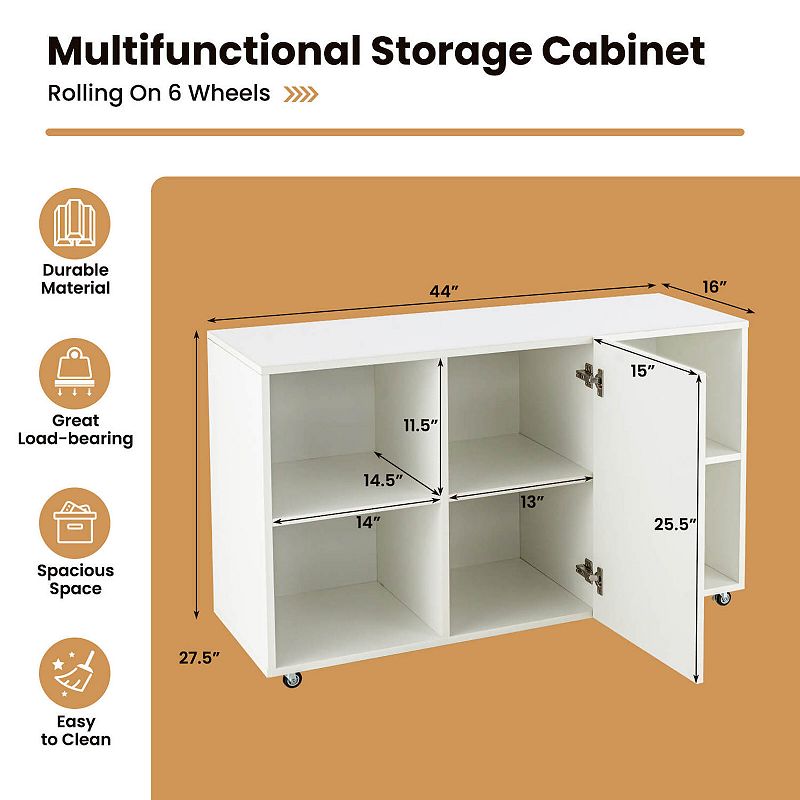 Wood Storage Cabinet with Wheels and 6 Compartments