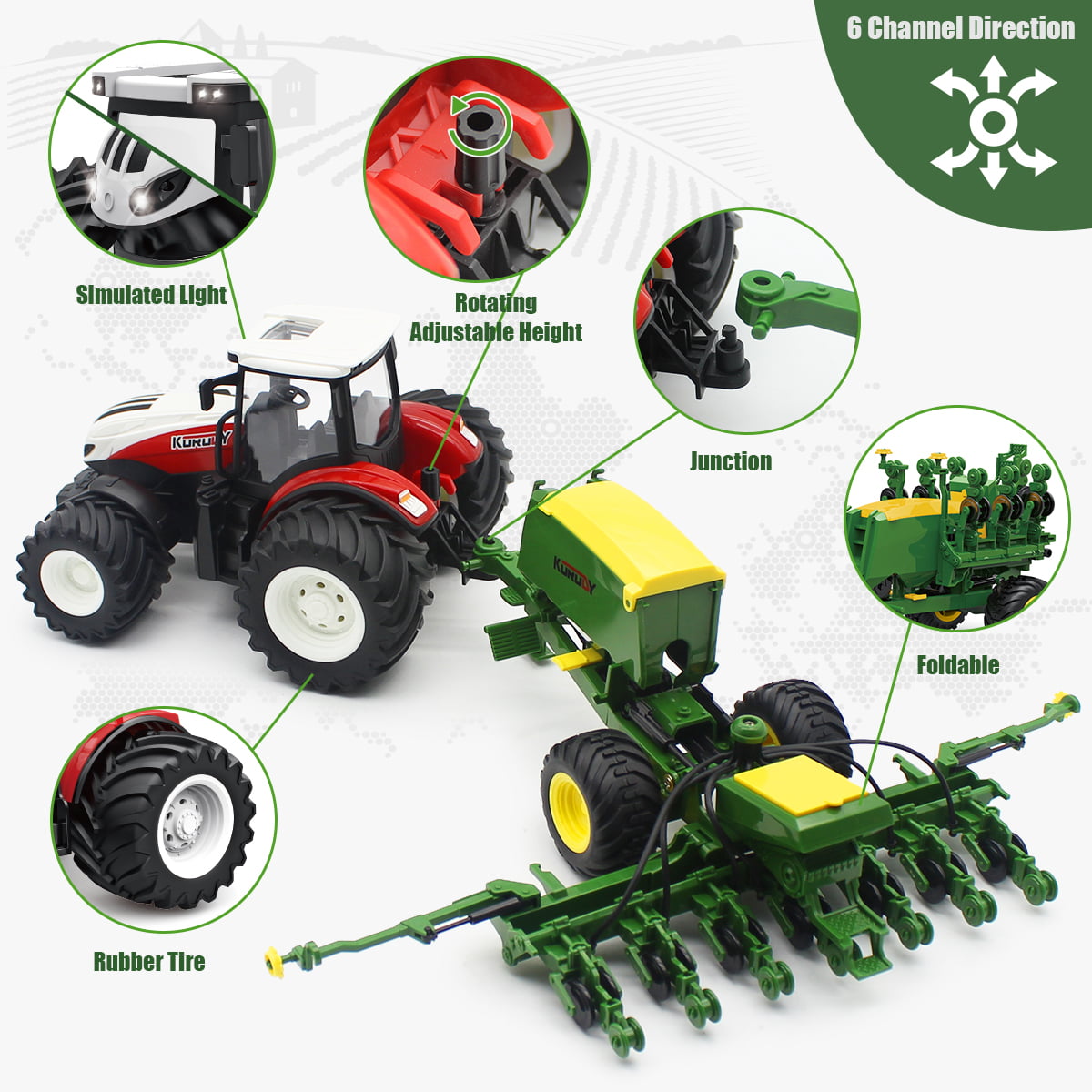 Fisca 1/24 Remote Control Farm Tractors Toys with Seed Planter， Lights and Sound， for Kids 6+