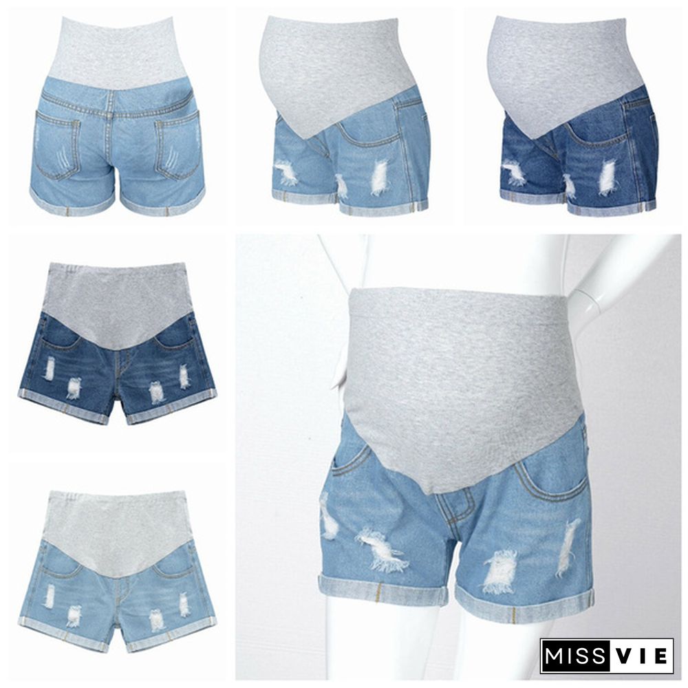 Maternity Shorts for Pregnant Women Denim Shorts Pregnancy Low Waist Loose Ripped Denim Shorts