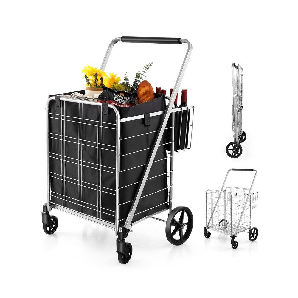 Folding Shopping Cart with Waterproof Liner Wheels and Basket Silver   26\