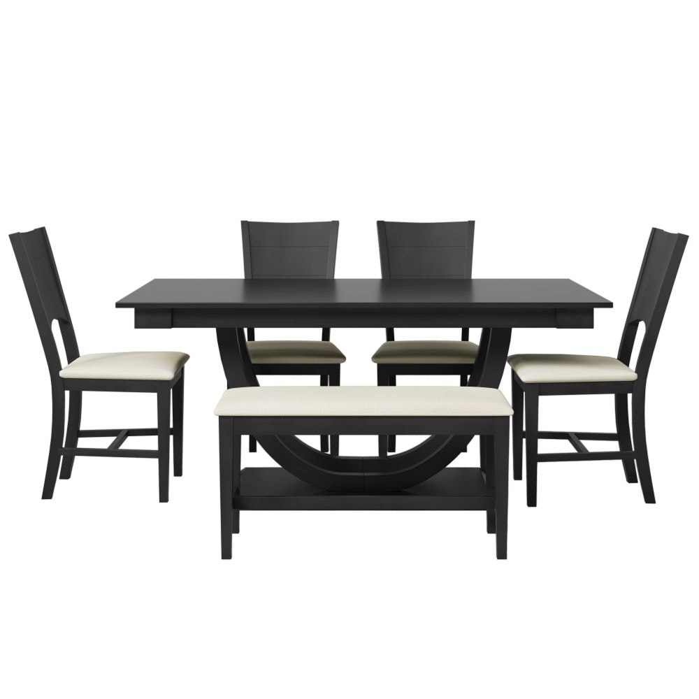 6 Piece Wood Half Round Dining Table Set Kitchen Table Set with Long Bench and 4 Dining Chairs