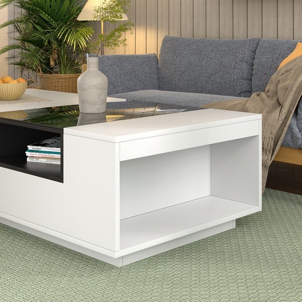 Dalxo Furniture of America Contemporary White 47-inch 3-Shelf Coffee Table with Glass Cover - Modern Living Room Furniture