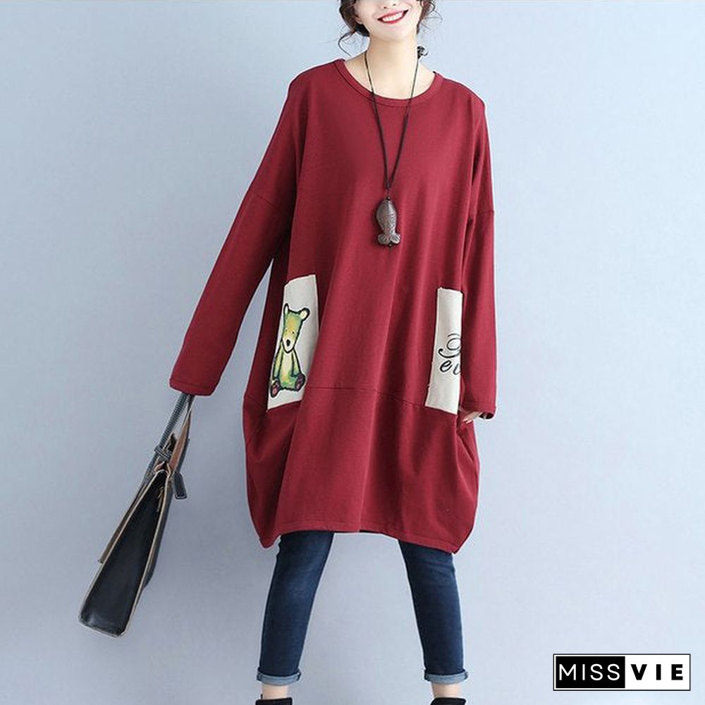 solid cotton pockets prints burgundy casual dresses oversize o neck mid dress